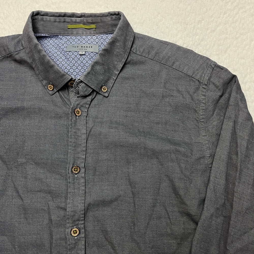 Ted Baker Button Down Shirt Mens 4 L Gray FLANCAN Long Sleeve Cotton Slim Fit